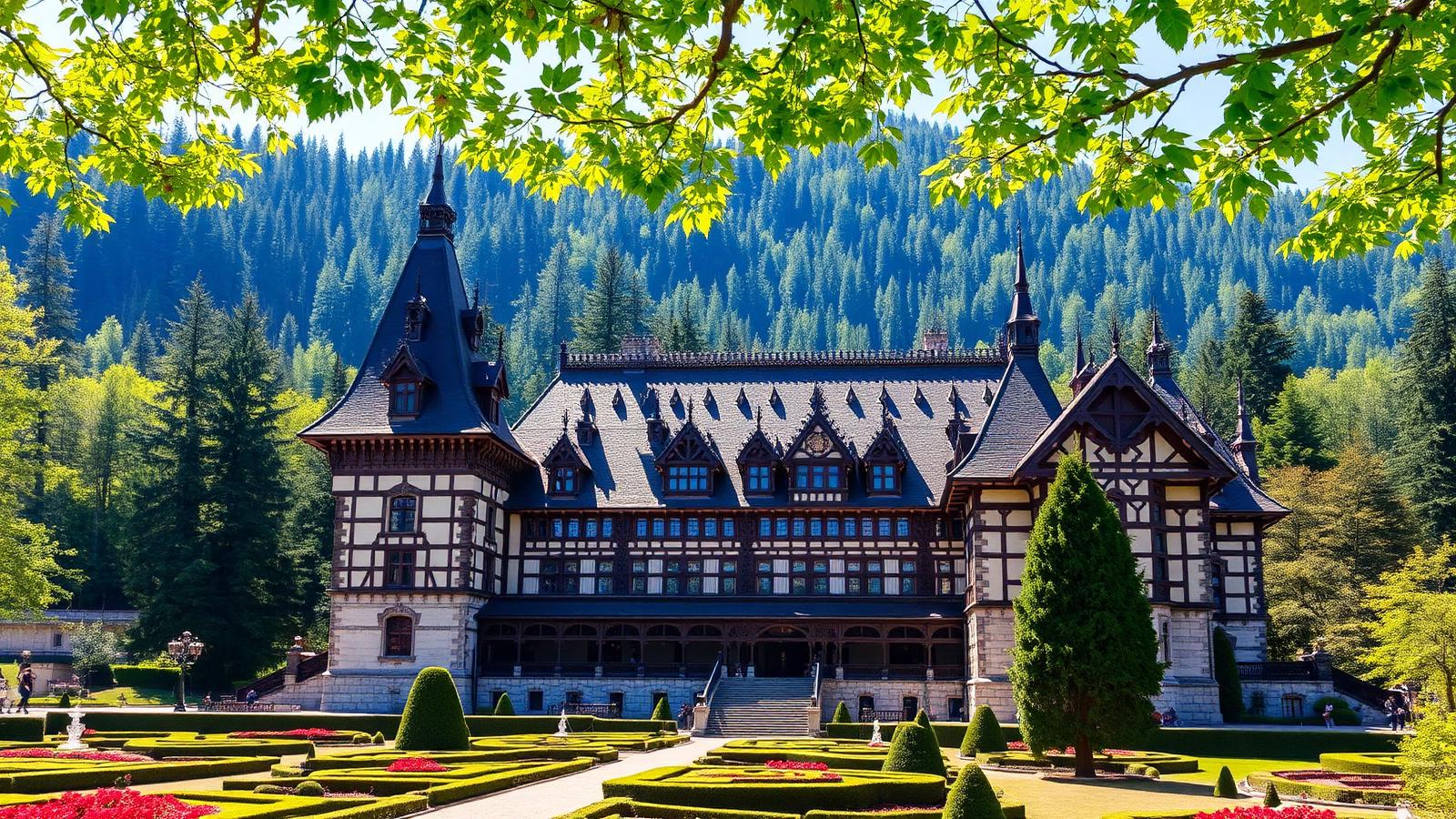 Castillo de Peleș en Sinaia con jardines y bosque de los Cárpatos
