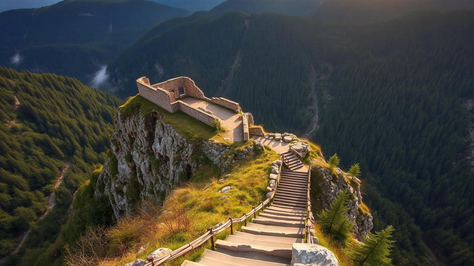 Ruinas de la ciudadela de Poenari sobre una cresta rocosa entre bosques