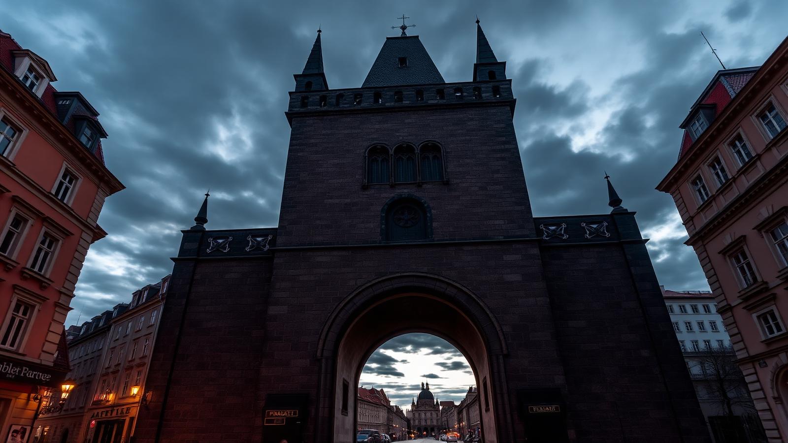 Torre gótica de la Puerta de la Pólvora de Praga bajo un cielo nublado