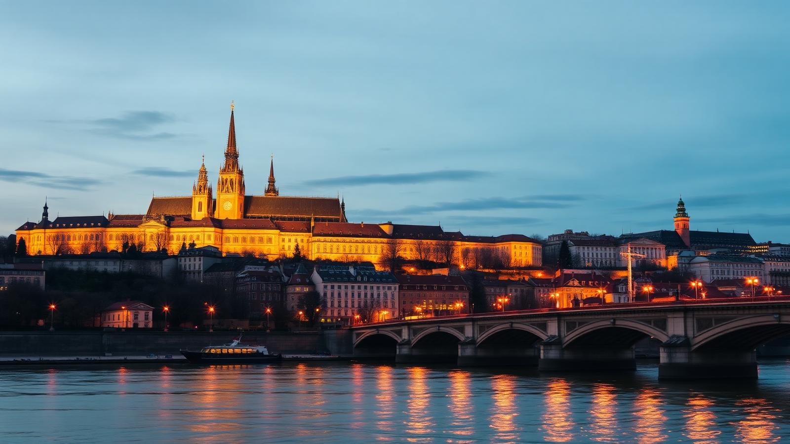 Complejo del Castillo de Praga y la Catedral de San Vito iluminados al anochecer sobre el río