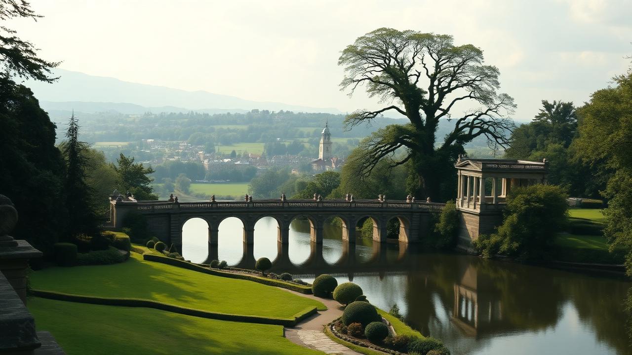 Puente palladiano sobre el lago de un jardín paisajista inglés cerca de Bath.