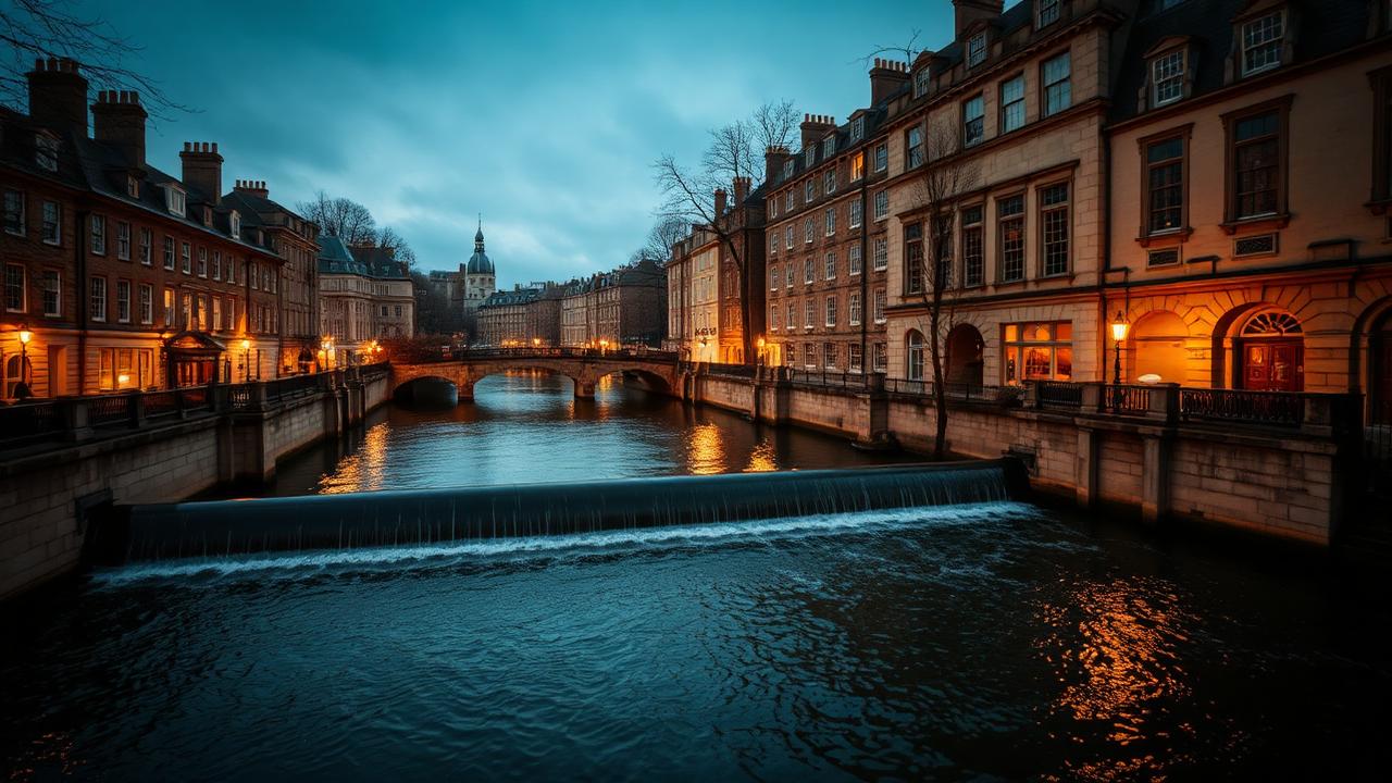 El río Avon a su paso por Bath con la presa junto a Pulteney Bridge.