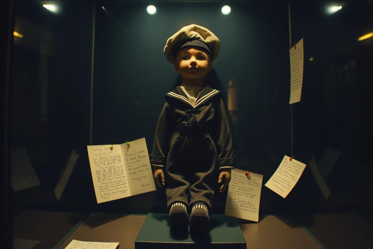 Muñeco antiguo con traje de marinero dentro de una vitrina de museo iluminada.