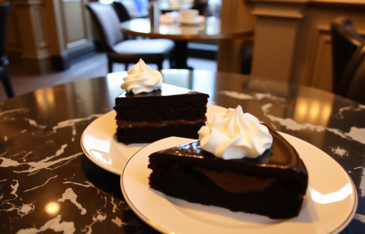 Porción de tarta Sacher con nata sobre un plato en un café vienés