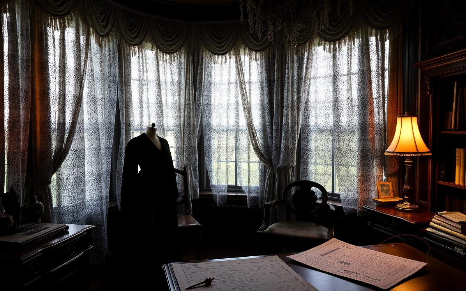 Interior victoriano en penumbra con cortinas de encaje, lámpara encendida y planos sobre un escritorio