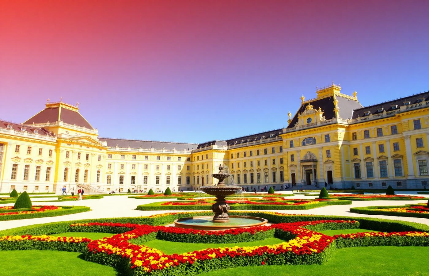 Fachada amarilla del Palacio de Schönbrunn con sus jardines barrocos