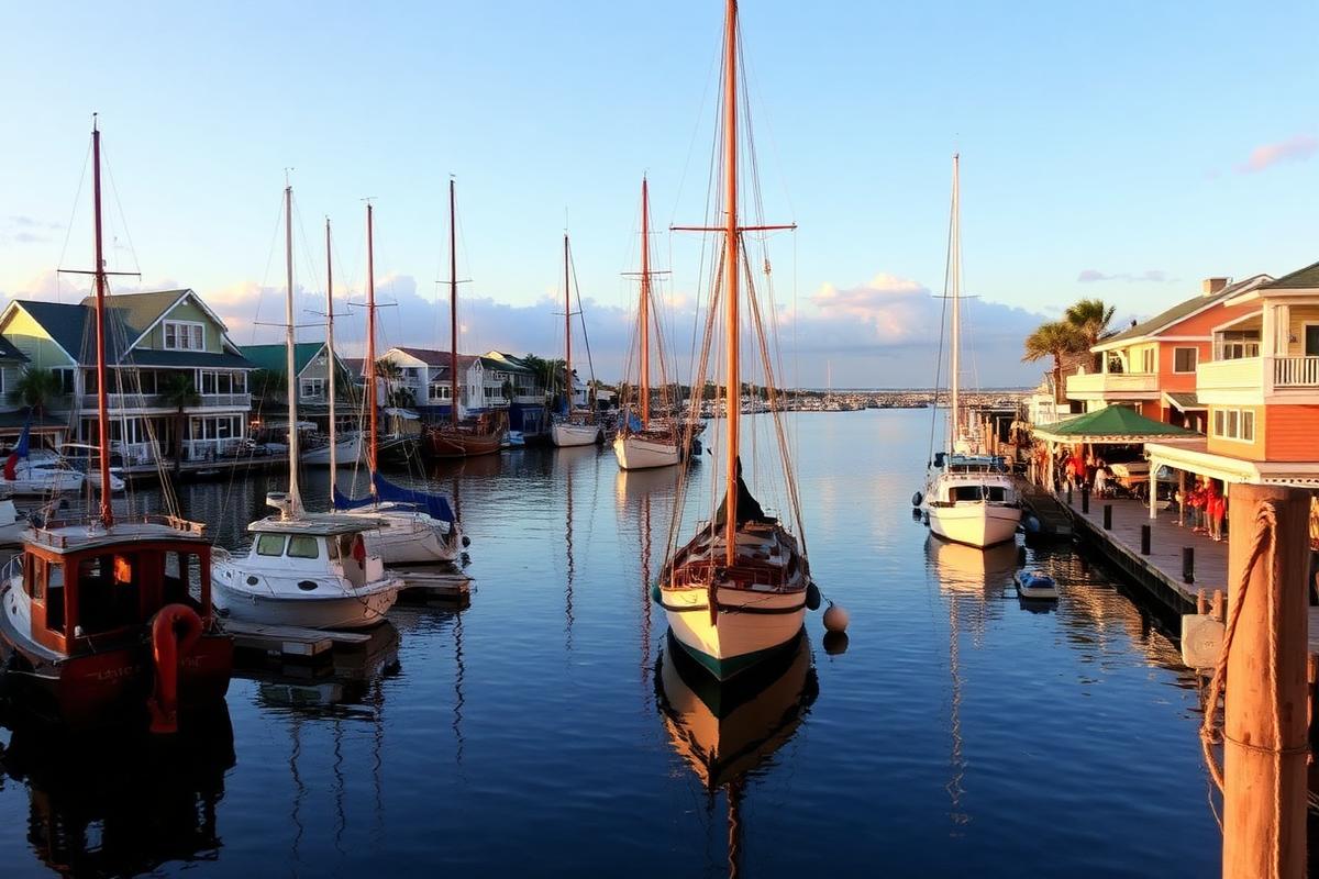 Puerto histórico con veleros de madera y restaurantes junto al agua al atardecer.
