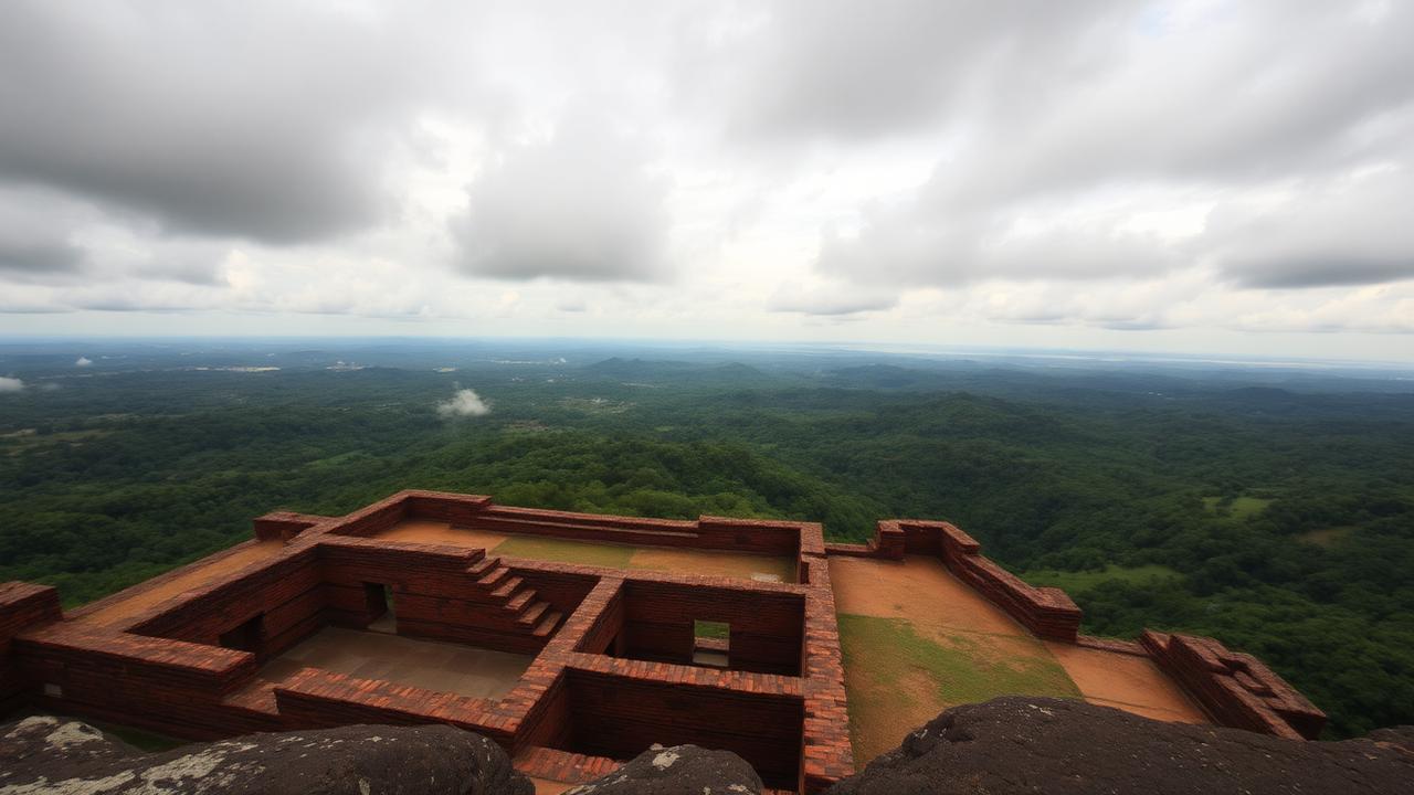 Cimientos de ladrillo del palacio real en la cima de Sigiriya con la selva al fondo