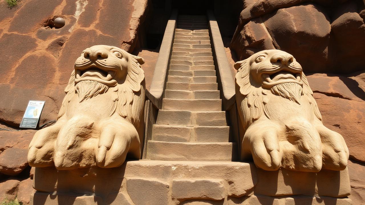 Enormes garras de león talladas en piedra a ambos lados de la escalera de acceso a la cima de Sigiriya