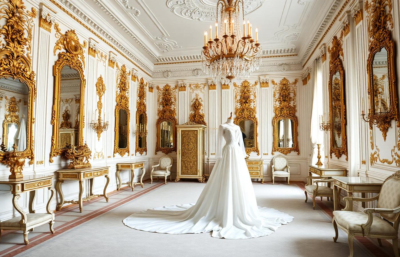 Sala palaciega blanca y dorada con espejos y un vestido de corte expuesto