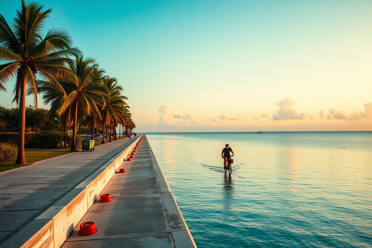 Paseo marítimo de Key West al amanecer con palmeras y mar turquesa en dirección a Cuba.