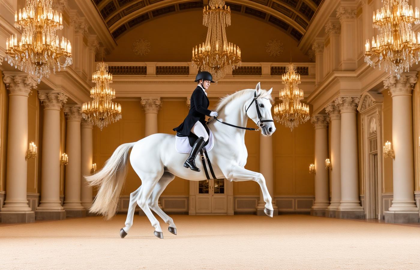Caballos lipizzanos blancos en la pista barroca de la Escuela Española de Equitación