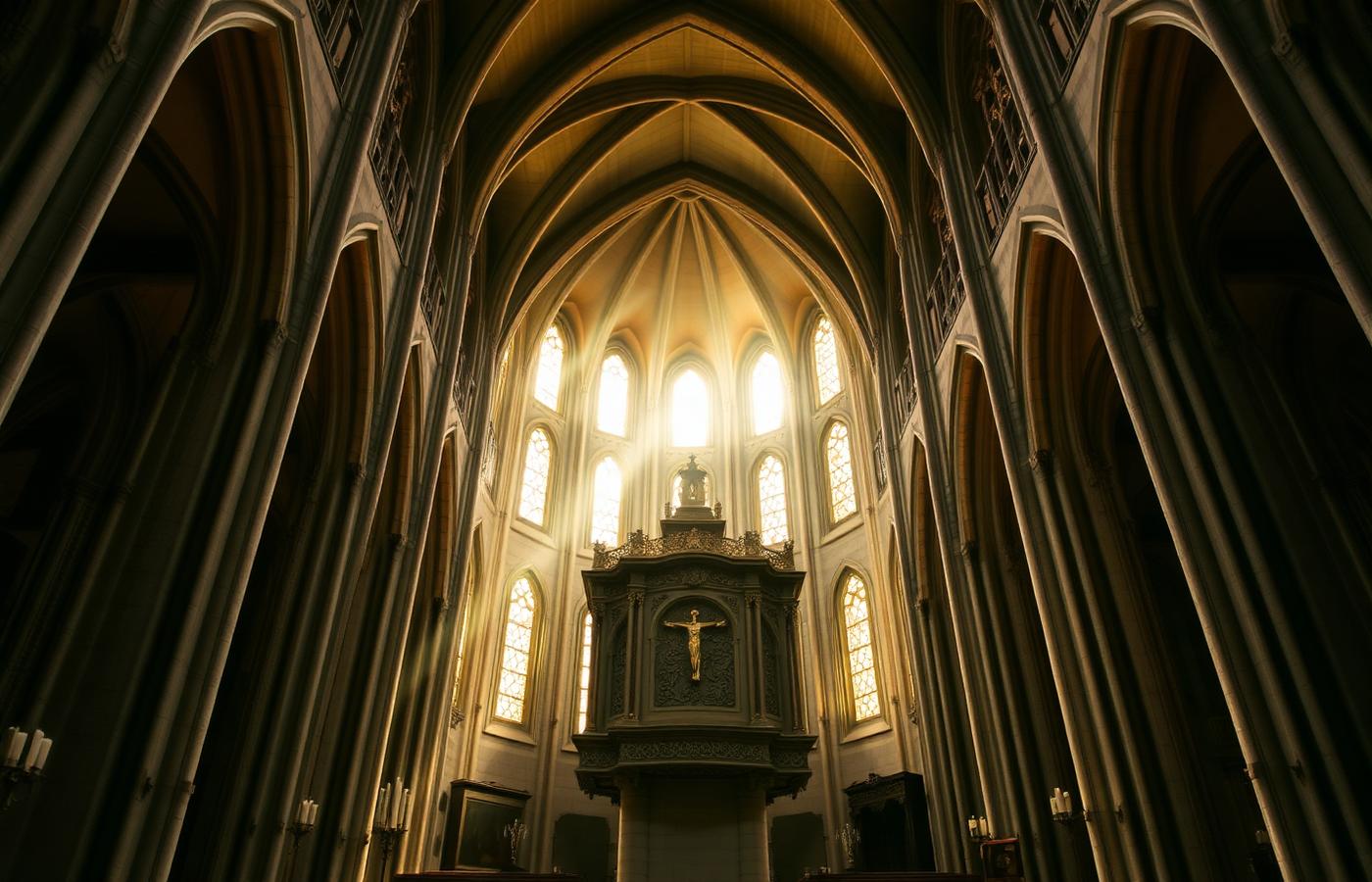 Interior gótico de la catedral de San Esteban con bóvedas altas y púlpito tallado