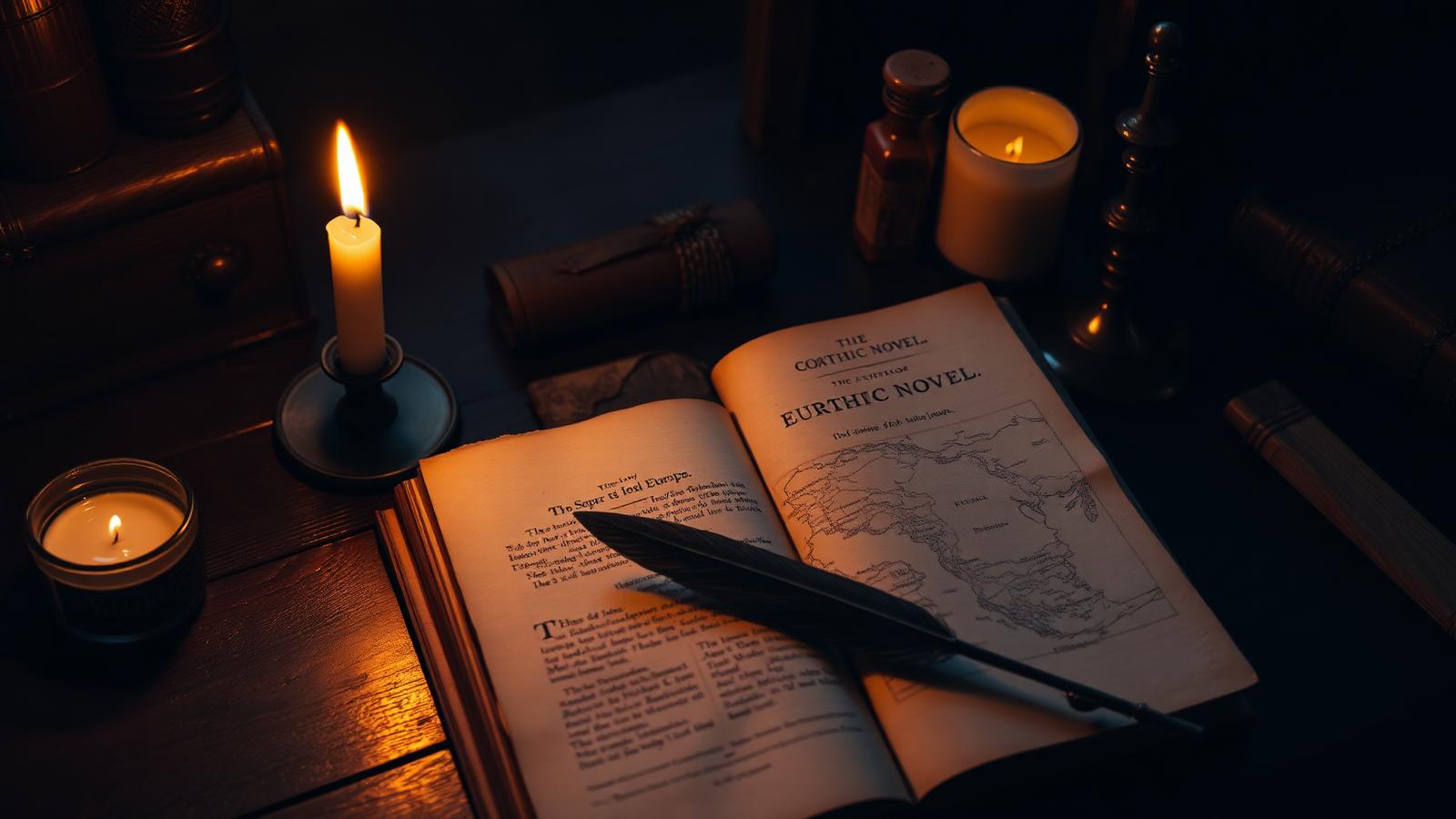 Libro antiguo abierto junto a una vela y un mapa de Europa del Este