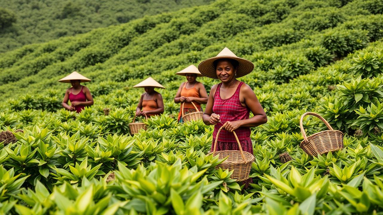 Trabajadoras recolectando hoja de té con cestas en una plantación de las tierras altas