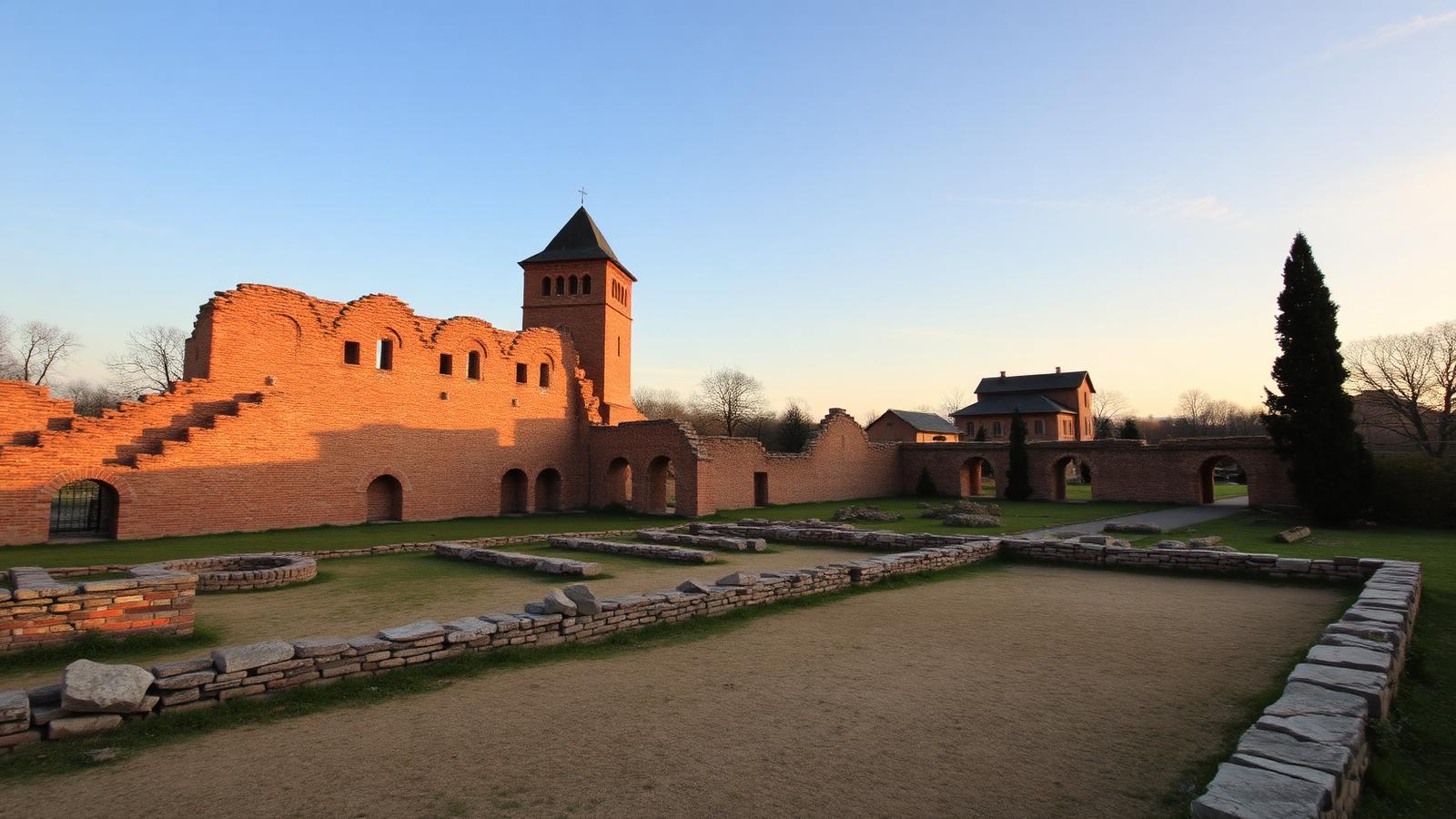 Ruinas de la corte principesca de Târgoviște con la torre Chindia de ladrillo