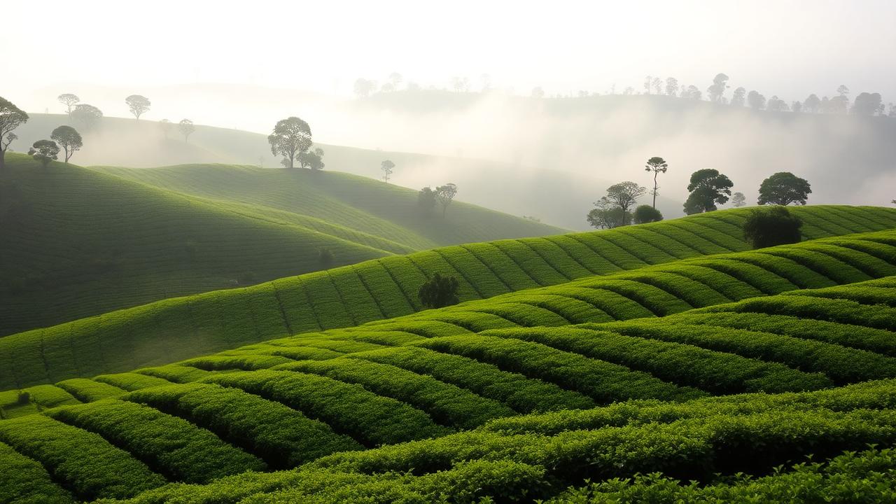 Colinas de plantaciones de té con niebla en las tierras altas de Sri Lanka