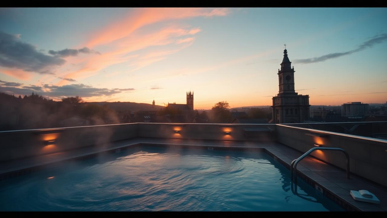 Piscina termal en azotea con vistas a los tejados de Bath al atardecer.