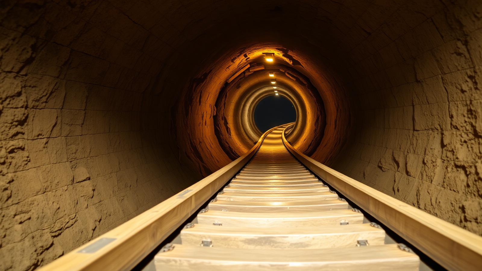 Largo tobogán de madera descendiendo por un túnel de mina iluminado