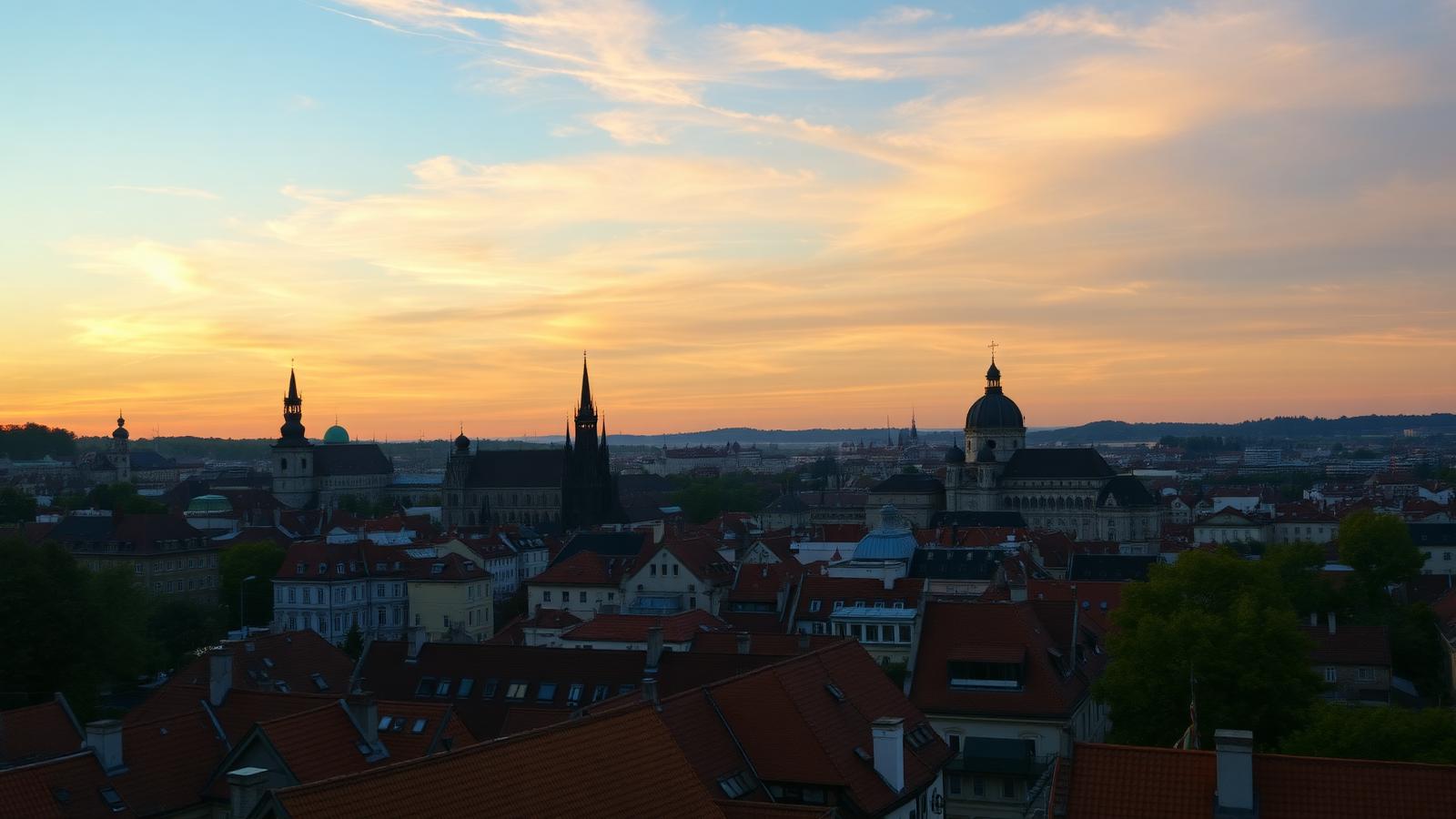 Skyline histórico de Praga con torres, agujas y cúpulas al atardecer