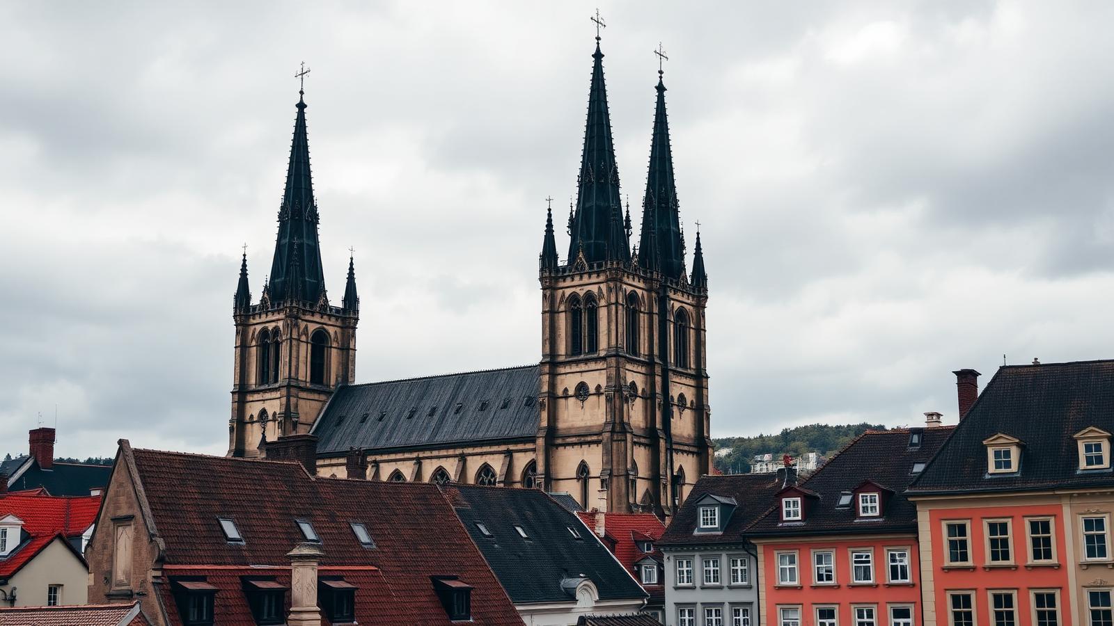 Torres góticas gemelas de la iglesia de Nuestra Señora de Týn sobre los tejados de Praga