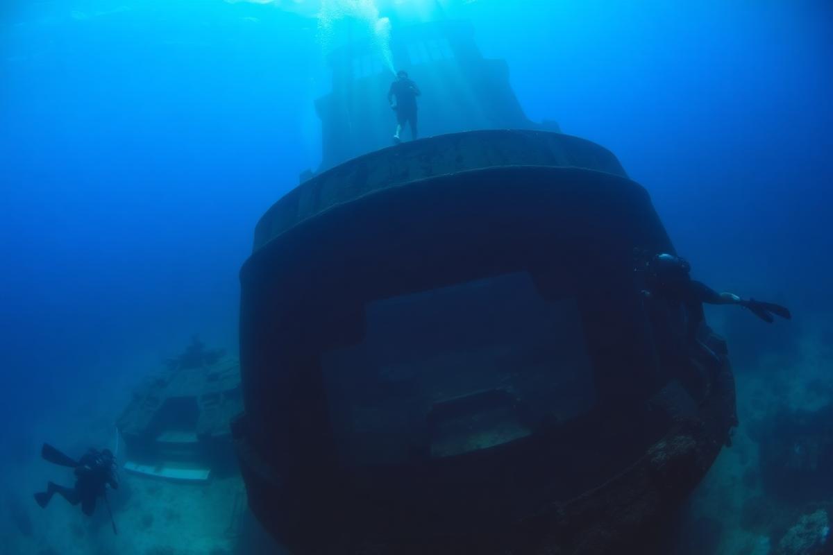 Buzos nadando sobre la estructura de un gran barco hundido en aguas azules.