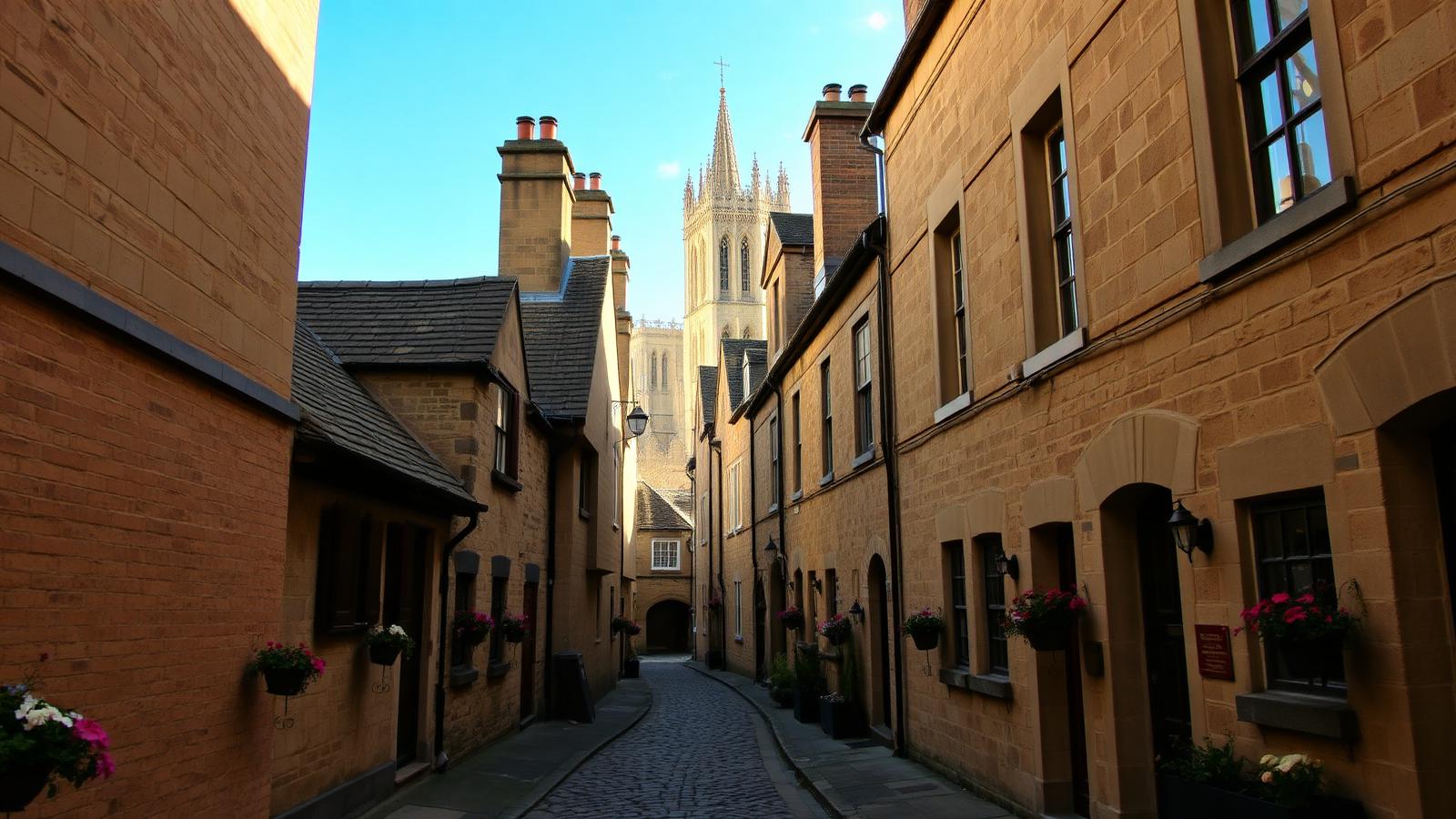 Calle medieval de Vicars' Close en Wells con casas idénticas y altas chimeneas