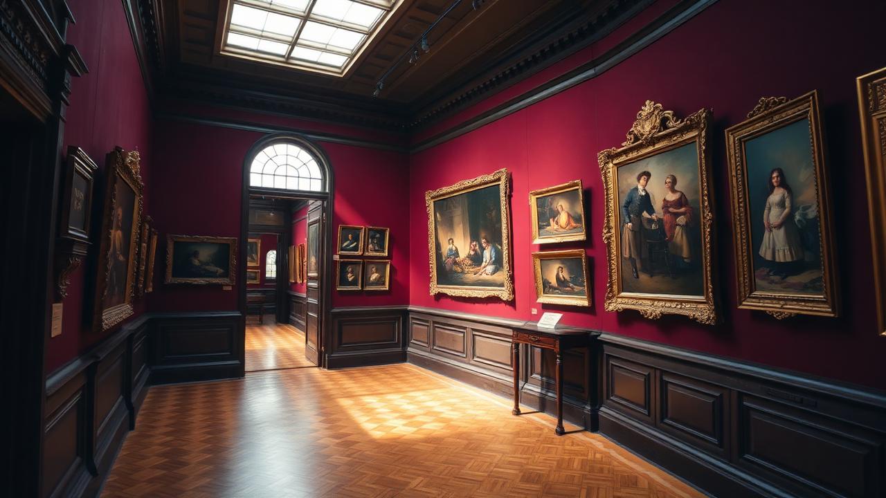 Sala de una galería de arte victoriana con cuadros en marcos dorados.