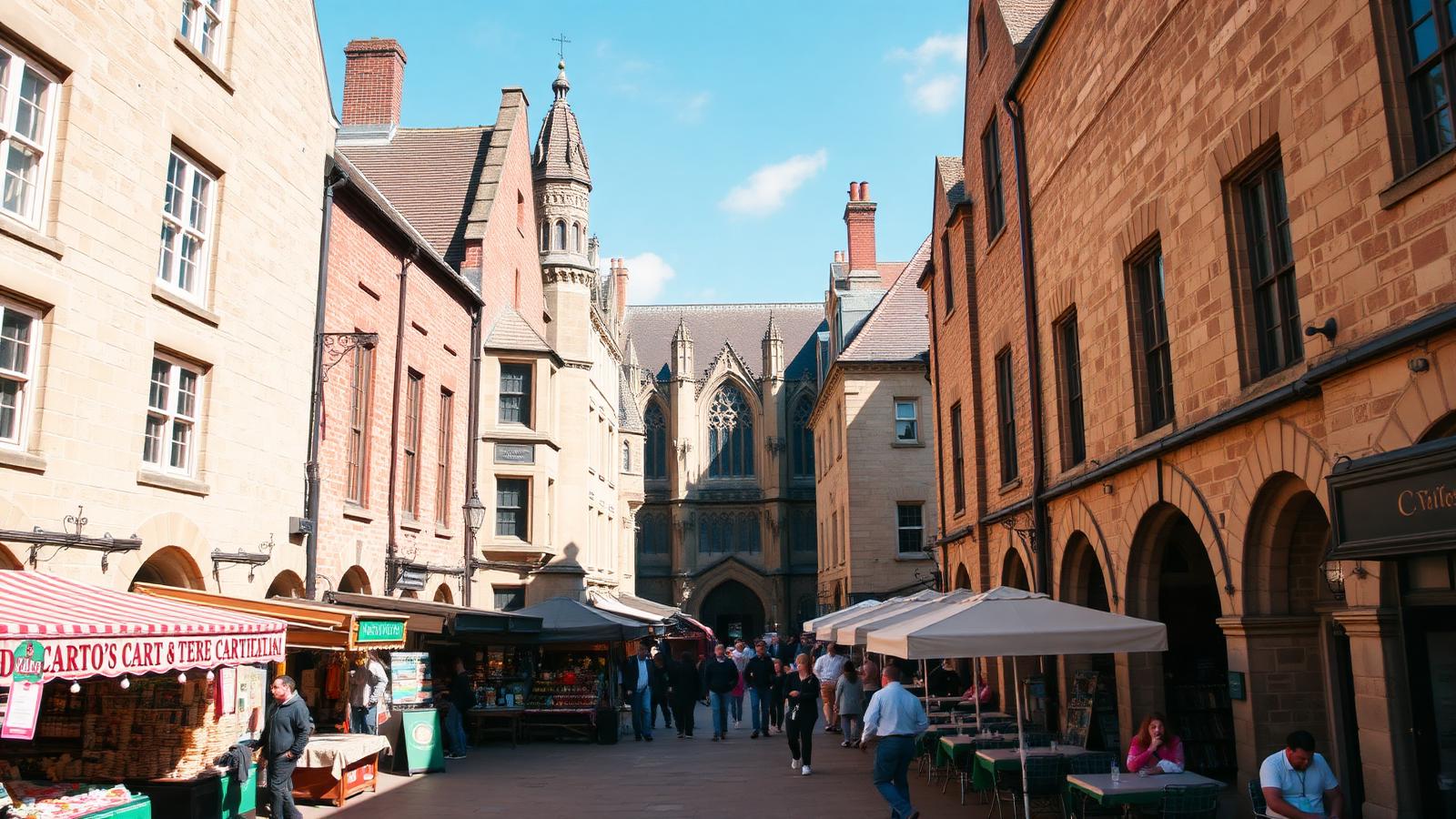 Market Place de Wells con puestos de mercado, cafés y edificios históricos
