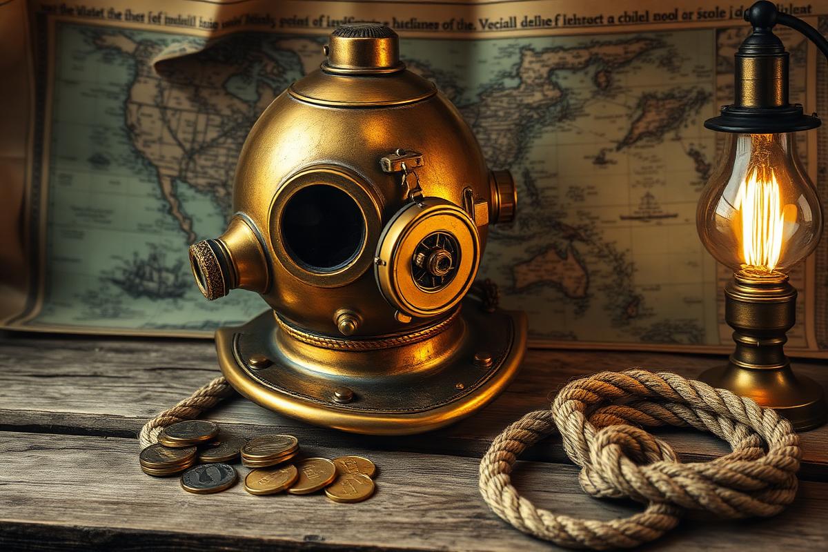 Casco de buzo antiguo, monedas y carta náutica sobre madera envejecida.